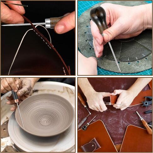 مجموعة أدوات 3 قطع، إبرة من الفولاذ المقاوم للصدأ للخياطة السريعة مع مقبض من خشب الزان، تصميم نحيف للخياطة واللحف واللكم الجلدي وإصلاح الحرف اليدوية ووضع العلامات، بني in Kuwait