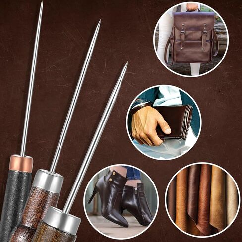 مجموعة أدوات 3 قطع، إبرة من الفولاذ المقاوم للصدأ للخياطة السريعة مع مقبض من خشب الزان، تصميم نحيف للخياطة واللحف واللكم الجلدي وإصلاح الحرف اليدوية ووضع العلامات، بني in Kuwait