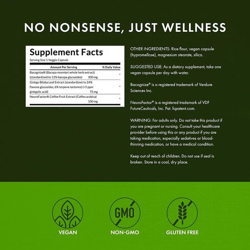Swanson Pure Brainpower Brain Health Cognitive Memory Focus Support Brain-Derived Neurotrophic Factor (BDNF) Herbal Supplement (Ginkgo Biloba, Bacopa Monnieri) 60 Veggie Capsules (Veg Caps) Vegan in Saudi Arabia