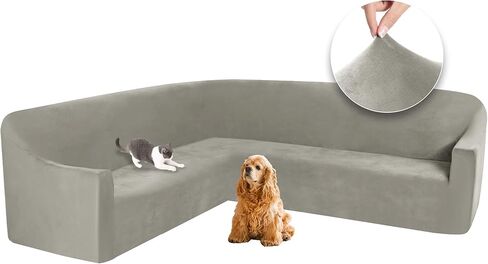 ALIECOM Velvet Stretch Sectional Couch Covers L Shape Corner Sofa Cover Washable Soft Thick U Shaped Sofa Slipcovers for Dogs Pets Magic Furniture Protector with Non Slip Foam (Air Grey, X-Large) in Saudi Arabia