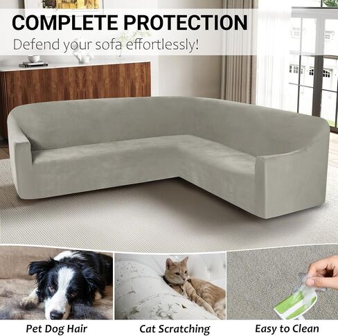 ALIECOM Velvet Stretch Sectional Couch Covers L Shape Corner Sofa Cover Washable Soft Thick U Shaped Sofa Slipcovers for Dogs Pets Magic Furniture Protector with Non Slip Foam (Air Grey, X-Large) in Saudi Arabia