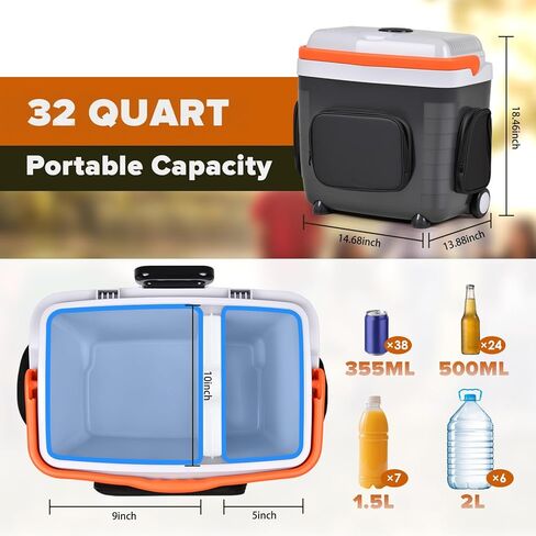 ثلاجة سيارة 12 فولت 32 كيو تي (30 لتر) مبرد كهربائي/مدفأ مع جيوب، مقسم حزمة الثلج، غطاء قابل للإزالة، عجلات، ثلاجة حرارية للسفر والمركبات والتخييم والمنزل والشاحنات، 120 فولت تيار متردد in Kuwait