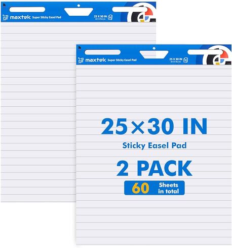 maxtek Lined Sticky Easel Pad 25"x30", Large Flip Chart Paper with 2 Packs of 30 Sheets/Pad, Upgraded Big Anchor Chart Flip Paper with Sticky Back, Self-Stick Easel Paper for Walls in Kuwait