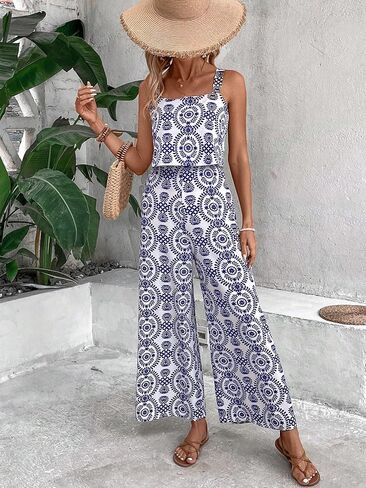 Women's Floral Print Jumpsuit, Blue and White Pattern, Wide Leg, Sleeveless in Saudi Arabia