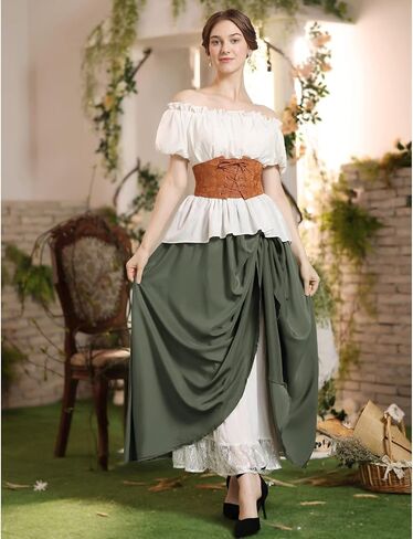 Renaissance Skirt Women Double Layered Victorian Pirate Maxi Long Skirts Brown S in Saudi Arabia