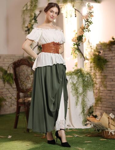 Renaissance Skirt Women Double Layered Victorian Pirate Maxi Long Skirts Brown S in Saudi Arabia