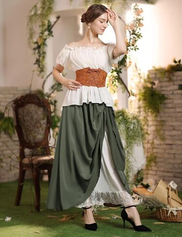 Renaissance Skirt Women Double Layered Victorian Pirate Maxi Long Skirts Brown S in Saudi Arabia