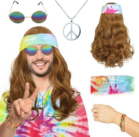 ANOGOL Hair Cap+5pcs Set Disco Wig Brown Mullet Men's Wig Dark Brown Curly Punk Rocker Wig with Glasses Mustache Necklace 70S Wigs For Men 80S Costumes For Men 1970s 1980s Wig Synthetic Hair Rocker Costume Set Wig For Party Halloween in Saudi Arabia