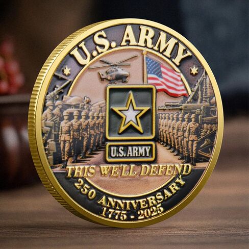 U.S. Army 250th Anniversary Commemorative Gold-Plated Challenge Coin, Double-Sided High Relief Military Collectible for Veterans, 1775-2025 (Type B) in Kuwait
