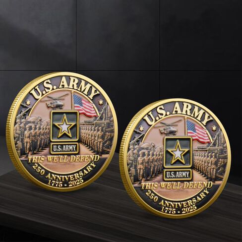 U.S. Army 250th Anniversary Commemorative Gold-Plated Challenge Coin, Double-Sided High Relief Military Collectible for Veterans, 1775-2025 (Type B) in Kuwait