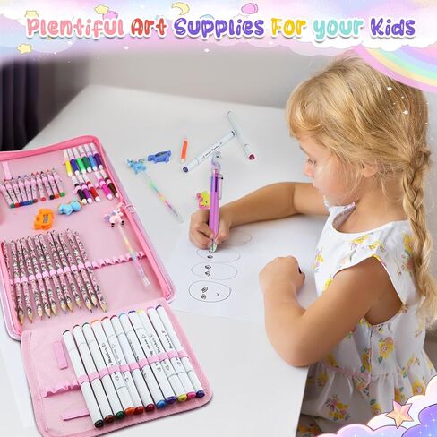 JAMIEWIN Markers Set with Glitter Unicorn Pencil Case, 59 Pcs Art and Craft Supplies Kit for Kids, Unicorn Gifts for Girls 4-9 Year Old for Christmas Birthday in Kuwait