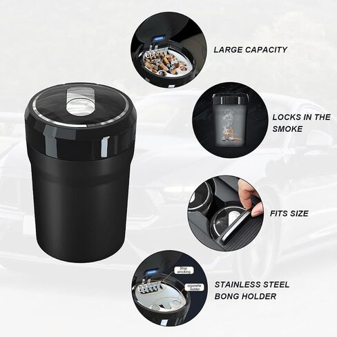 Car Ashtray with Lid, Easy Clean Up Detachable Smokeless Ashtray with LED Blue Light, Portable Mini Ash Tray Cup Holder for Car Home Office Travel, Interior Auto Accessories (Black, Larger) in Saudi Arabia