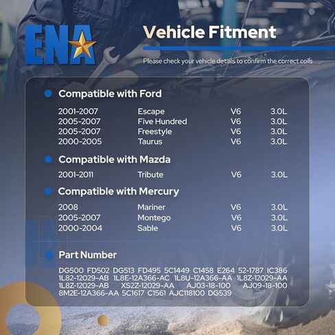 مجموعة ملف الإشعال ENA مكونة من 6 قطع متوافقة مع Ford Mazda Mercury Escape Five Hundred Freestyle Taurus 3.0L V6 لاستبدال DG500 DG513 FD502 in Saudi Arabia