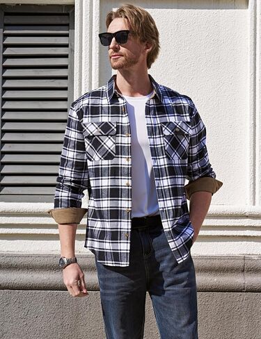 TACVASEN Flannel Shirt for Men Long Sleeve Plaid Shirt Corduroy Cuff Collar Casual Lightweight Cotton Button Down Shirts in Saudi Arabia