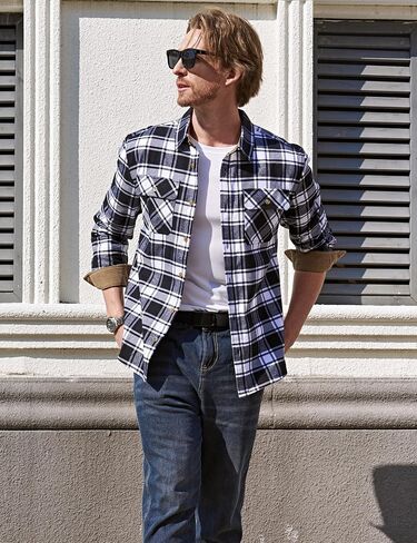TACVASEN Flannel Shirt for Men Long Sleeve Plaid Shirt Corduroy Cuff Collar Casual Lightweight Cotton Button Down Shirts in Saudi Arabia