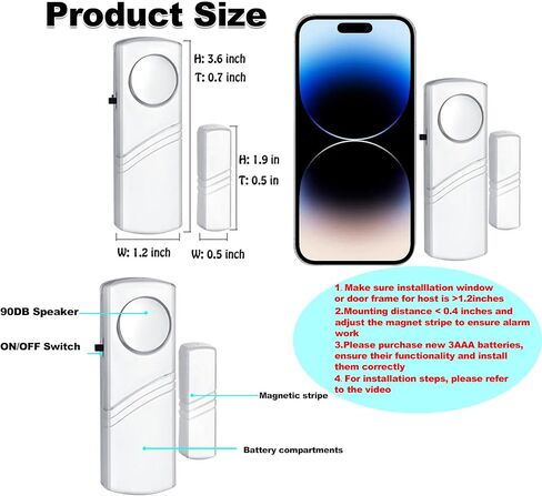 Door Window Alarm, 90dB Wireless Sensor Alarm for Kids & Home Security | Door Alarms for Kids Safety, Easy Installation Doorbell Alarms for Office House Window Pool in Kuwait