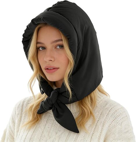 Women Down Cotton One Piece Hooded Scarf Hat Windproof Warm Earflap Hat Winter Thermal Trapper Hat with Chin Strap Black in Kuwait