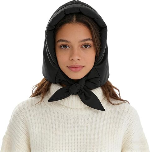 Women Down Cotton One Piece Hooded Scarf Hat Windproof Warm Earflap Hat Winter Thermal Trapper Hat with Chin Strap Black in Kuwait