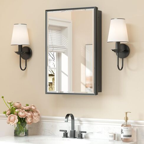 Keonjinn 17" x 25" Black Medicine Cabinets for Bathroom with Mirror Recessed or Surface Wall-Mounted Aluminum Alloy Framed Beveled Mirror, Single Door Metal Bathroom Vanity Mirror with Storage Cabinet in Kuwait
