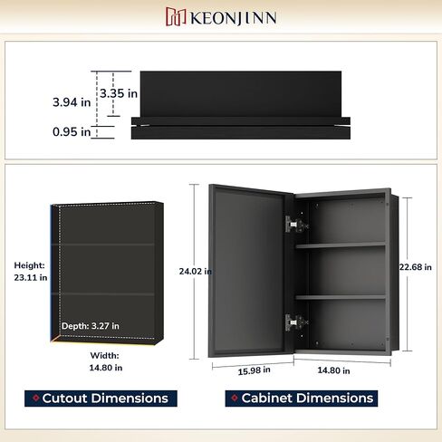 Keonjinn 17" x 25" Black Medicine Cabinets for Bathroom with Mirror Recessed or Surface Wall-Mounted Aluminum Alloy Framed Beveled Mirror, Single Door Metal Bathroom Vanity Mirror with Storage Cabinet in Kuwait