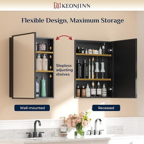 Keonjinn 17" x 25" Black Medicine Cabinets for Bathroom with Mirror Recessed or Surface Wall-Mounted Aluminum Alloy Framed Beveled Mirror, Single Door Metal Bathroom Vanity Mirror with Storage Cabinet in Kuwait