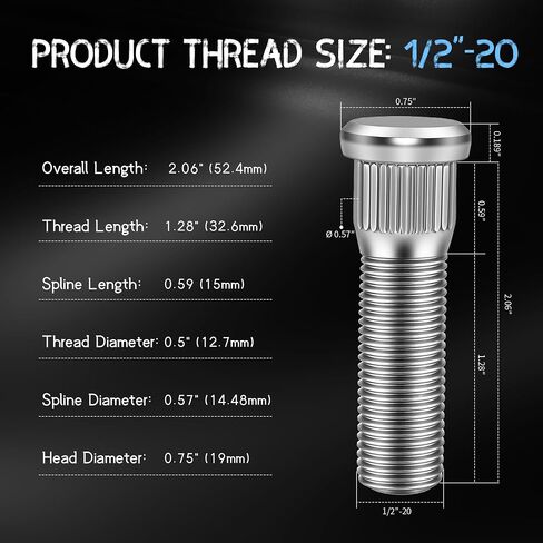 6 Pack 1/2"-20 Wheel Studs, 2.06" Overall Length, 0.57" Spline, 0.75" Head, 10.9 Grade Steel Tire Stud, 1/2 x 20 Serrated High Strength Precision Thread Wheel Lug Bolts Replacement Kit in Saudi Arabia