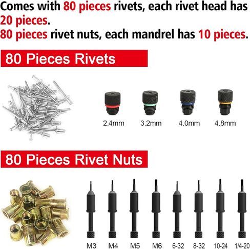 2 in 1 Rivet Nut Tool, Rivet Gun, 360° Swivel Head Multi-Application Tool with 4 Rivet Heads and 8 Metric & SAE Mandrels, Hand Riveter Tool with 80 Rivets and 80 Rivet Nuts, Designed for Tight Space in Saudi Arabia
