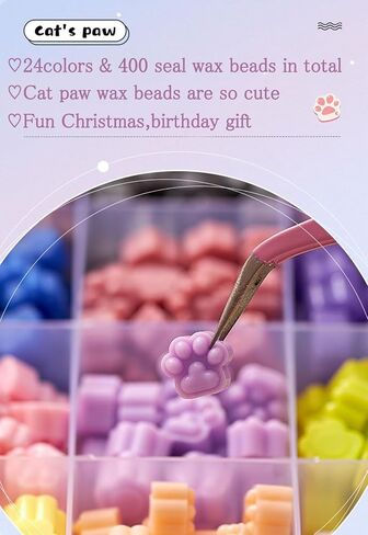 Wax Seal Cat Paw Beads Kit with Stamp, 24 Colors Sealing Wax Pellets with Christmas Tree Crystal Ball Style Brass Stamp for Christmas Invitation Letter Envelope Gift Cards 400Pcs Beads in Saudi Arabia