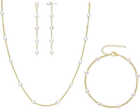 Gold Jewelry Set for Women,Dainty 14K Gold/Silver Plated Pearl Necklace and Earring Set Pearl Drop Earrings Pearl Bracelets Pearl Choker Necklace Wedding Jewelry for Women Girls Gift in Saudi Arabia