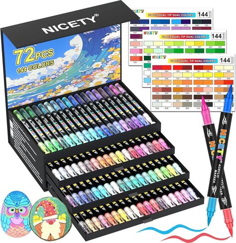 NICETY 144 Colors Acrylic Paint Markers – 72 Pack Dual Tip Acrylic Paint Pens with Brush Tip, Water-Based Quick-Dry Non-Bleed Paint Markers for Rock, Wood, Glass, Ceramic, Fabric, and Canvas in Kuwait