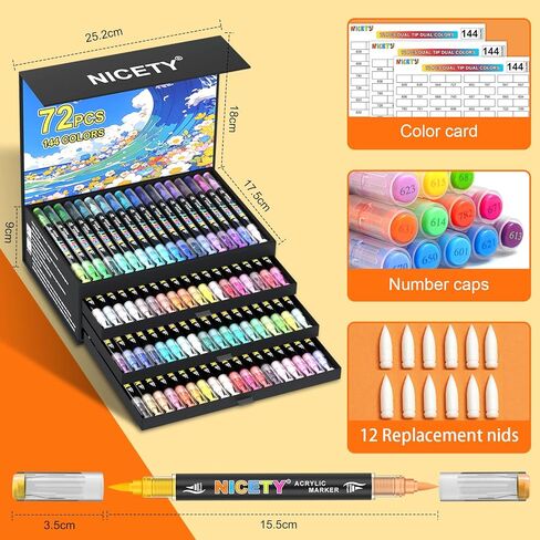 NICETY 144 Colors Acrylic Paint Markers – 72 Pack Dual Tip Acrylic Paint Pens with Brush Tip, Water-Based Quick-Dry Non-Bleed Paint Markers for Rock, Wood, Glass, Ceramic, Fabric, and Canvas in Kuwait