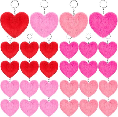Ferreve 24 Pcs Heart Pom Pom Keychains Fluffy Colored Pom Pom Keychain Bulk for Valentine's Day and Girls in Saudi Arabia
