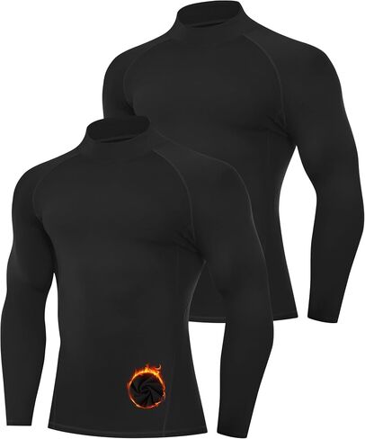 Runhit 2 Pack Men's Thermal Compression Shirts Long Sleeve Mock Turtleneck Fleece Lined Undershirt Athletic Base Layer in Saudi Arabia