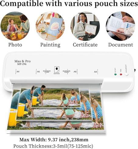 Mas & Pro 9 Inch Thermal Laminator, Personal Laminating Machine for A4/Letter/Photo, Hot & Cold with 40 Pouches, 2-Roller, Anti-Jam, Fast Warm-Up for Home Office School, White in Saudi Arabia
