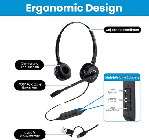 سماعة راس يو اس بي من كول سنتر مع ميكروفون بكلتا الأذنين يو سي للكمبيوتر - ميكروفون بخاصية الغاء الضوضاء وكتم صوت فرق الكمبيوتر وسكايب للاعمال in Kuwait
