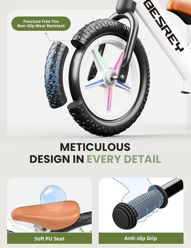 besrey Toddler Balance Bike 2 Year Old, All-Metal Frame | 12" Motion-Activated Lighting Wheels | All-Terrain | Kids Bike with Padded Adjustable Seat | Gift Bike for Boys Girls 2 3 4 5 Years Old in Kuwait
