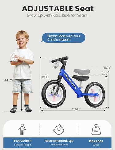 besrey Toddler Balance Bike 2 Year Old, All-Metal Frame | 12" Motion-Activated Lighting Wheels | All-Terrain | Kids Bike with Padded Adjustable Seat | Gift Bike for Boys Girls 2 3 4 5 Years Old in Saudi Arabia