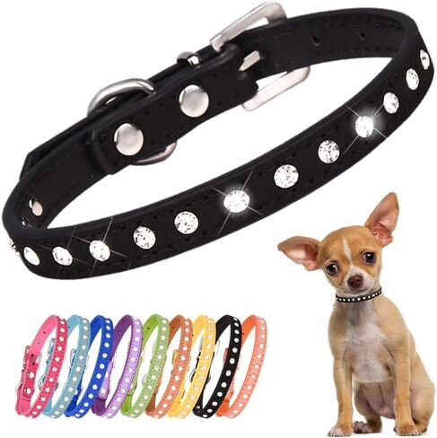 Haoyueer Cute Dazzling Sparkling Elegant Fancy Suede Leather 1 Rows Bling Rhinestone Crystal Jeweled Small Pet Cat Dog Puppy Collar(Purple,M) in Kuwait