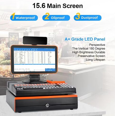 Cash Register with Pos System, All-in-One Smart Cash Register for Small Businesses, with 15.6" Touch Screen Monitor, Dual-core I5 CPU, Cash Drawer, 58mm Printer, Barcode Scanner B in Saudi Arabia