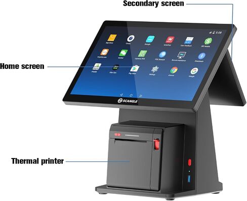 Scangle POS System/ 14.1" Touch POS Terminal with Built-in 3 inch Autocutter Thermal Printer, Android 11/Google Play,WiFi+BT,for Restaurant Work with Loyverse/Uber Eats(14.1+10.1 inch Dual Display) in Saudi Arabia