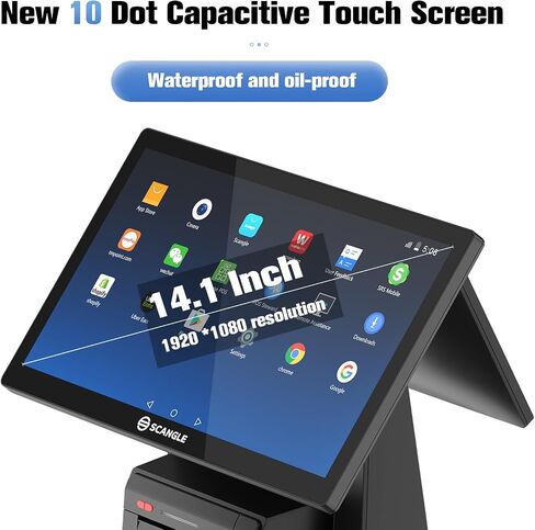Scangle POS System/ 14.1" Touch POS Terminal with Built-in 3 inch Autocutter Thermal Printer, Android 11/Google Play,WiFi+BT,for Restaurant Work with Loyverse/Uber Eats(14.1+10.1 inch Dual Display) in Saudi Arabia