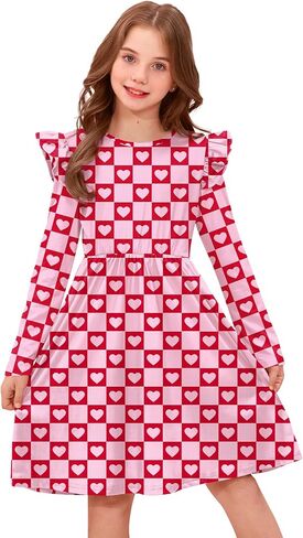IIMMER Valentine's Day Girls Ruffle Shoulder Long Sleeve Tunic Midi Dress 4-12 Years in Saudi Arabia