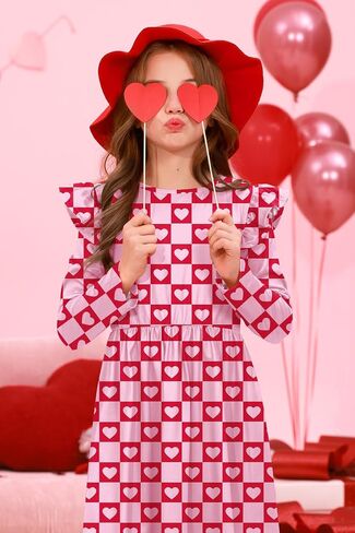 IIMMER Valentine's Day Girls Ruffle Shoulder Long Sleeve Tunic Midi Dress 4-12 Years in Saudi Arabia