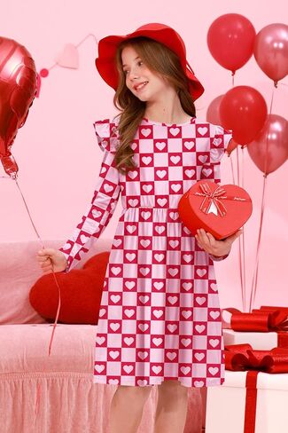 IIMMER Valentine's Day Girls Ruffle Shoulder Long Sleeve Tunic Midi Dress 4-12 Years in Saudi Arabia