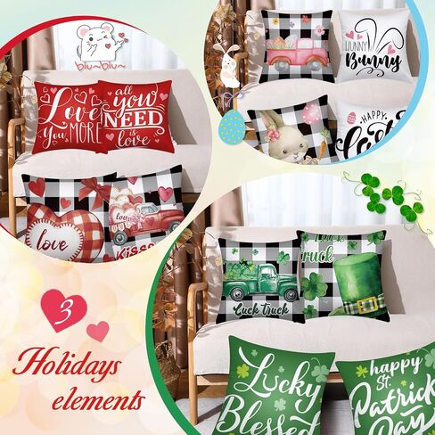 Preboun Set of 12 Valentine's Day St. Patrick's Day Easter Pillow Covers 18 x 18 Inch Love Heart Clovers Bunny Eggs Cushion Case Home Buffalo Plaid Pillow Case for Holiday Happy Home Decor (Lovely) in Saudi Arabia