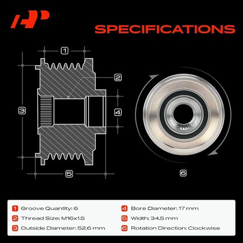 A-Premium Alternator Freewheel Clutch Pulley Compatible with Porsche 911 2000-2009 2011, Boxster 2000-2008, Cayman 2006-2008, 2.7L 3.2L 3.4L 3.6L 3.8L, 6 Grooves Clockwise in Saudi Arabia