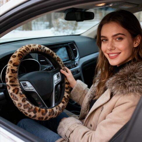 Brown Leopard Print Fuzzy Steering Wheel Cover for Women, Universal Auto Steering Wheel 14-15 Inch Soft Warm Car Interior Accessories with 2PCS Car Coasters, Suitable for Men and Women in Kuwait