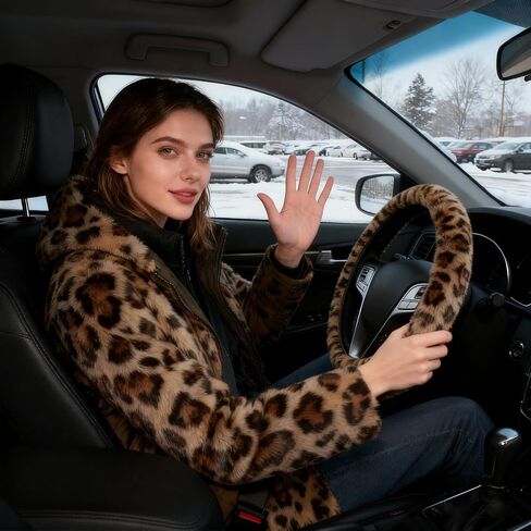Brown Leopard Print Fuzzy Steering Wheel Cover for Women, Universal Auto Steering Wheel 14-15 Inch Soft Warm Car Interior Accessories with 2PCS Car Coasters, Suitable for Men and Women in Kuwait