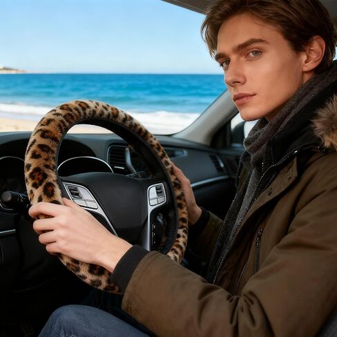 Brown Leopard Print Fuzzy Steering Wheel Cover for Women, Universal Auto Steering Wheel 14-15 Inch Soft Warm Car Interior Accessories with 2PCS Car Coasters, Suitable for Men and Women in Kuwait
