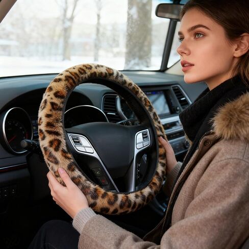 Brown Leopard Print Fuzzy Steering Wheel Cover for Women, Universal Auto Steering Wheel 14-15 Inch Soft Warm Car Interior Accessories with 2PCS Car Coasters, Suitable for Men and Women in Kuwait